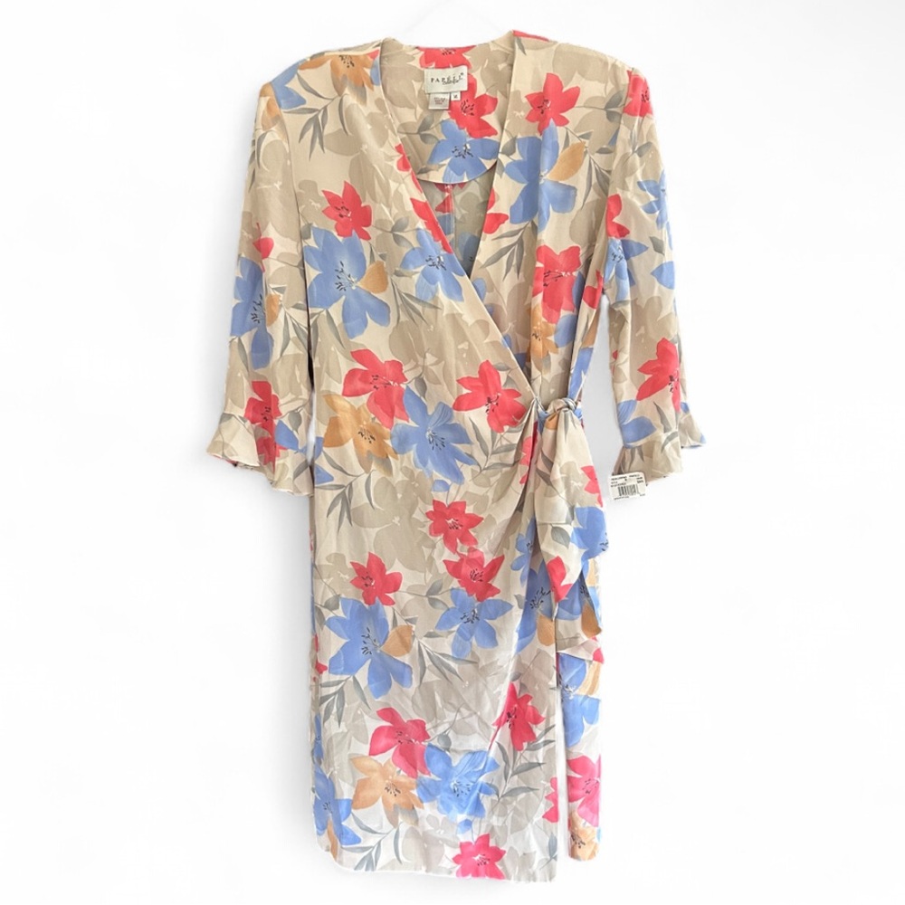 NWT VTG ADRIANNA PAPELL BOUTIQUE Silk Floral Bell Sleeve Wrap Dress Cocktail 14